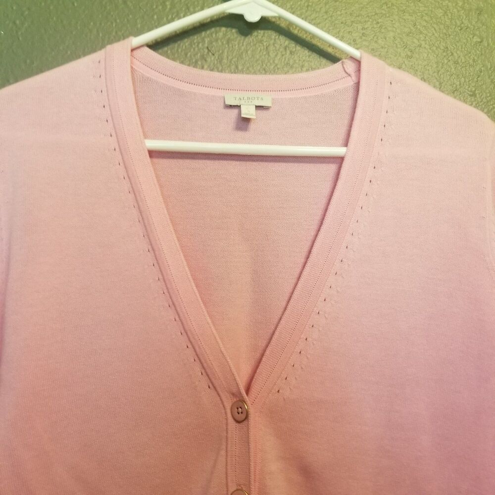 Talbots S Cardigan Sweater Pink 100% Cotton V Neck Oversized Preppy Feminine - Picture 3 of 9
